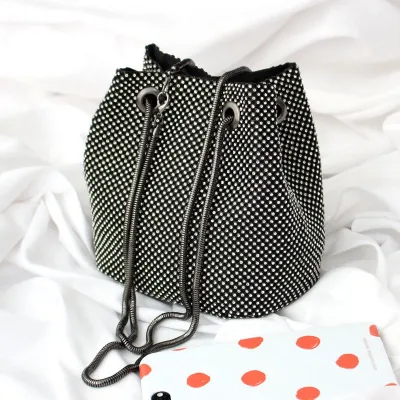 Women's Fashion Shiny Rhinestone Bucket Shoulder Bag Solid Color Satin Medium
