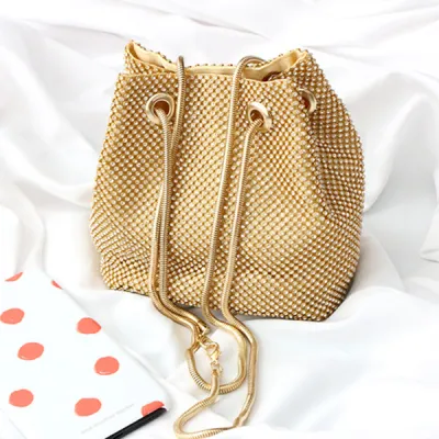 Women's Fashion Shiny Rhinestone Bucket Shoulder Bag Solid Color Satin Medium