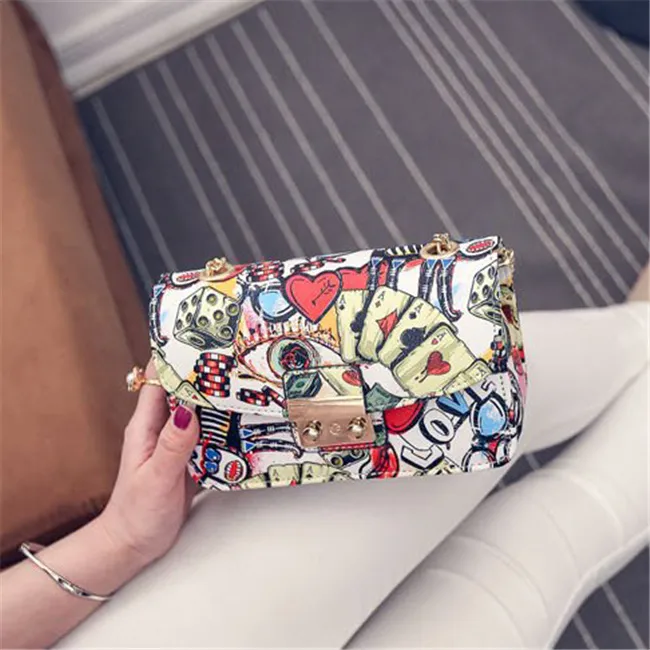 Women Cartoon Color Blocking Poker Printed Flap Metal Chain Crossbody Bag