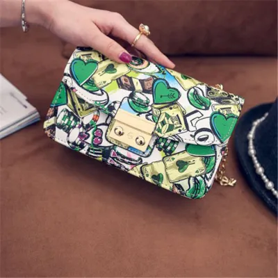 Women Cartoon Color Blocking Poker Printed Flap Metal Chain Crossbody Bag