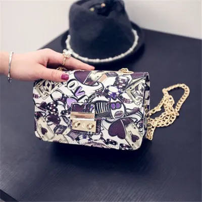 Women Cartoon Color Blocking Poker Printed Flap Metal Chain Crossbody Bag