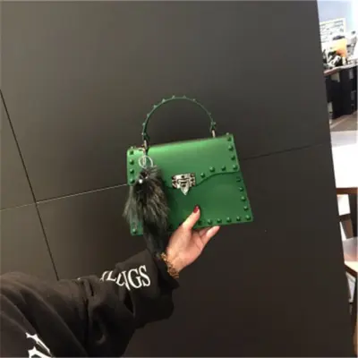 Women Fashion Metal Decorative Rivet Handle Square Shoulder Bag with PVC Material