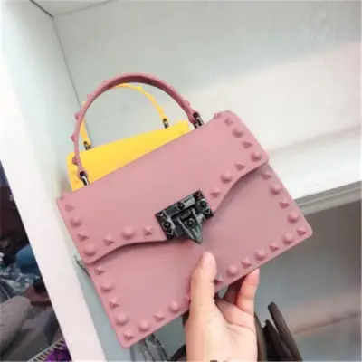 Women Fashion Metal Decorative Rivet Handle Square Shoulder Bag with PVC Material
