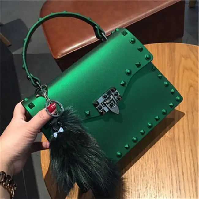 Women Fashion Metal Decorative Rivet Handle Square Shoulder Bag with PVC Material
