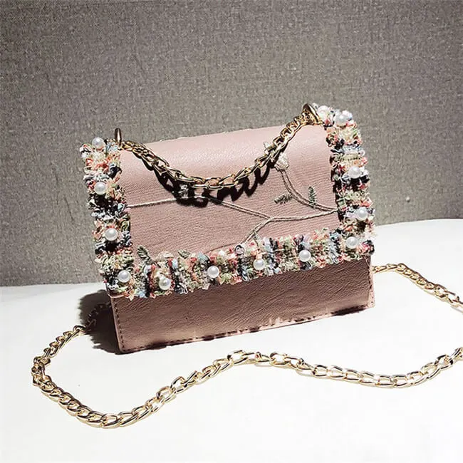 Women Fashion Imitation Pearl Color Blocking Crossbody Bag with Adjustable Strap