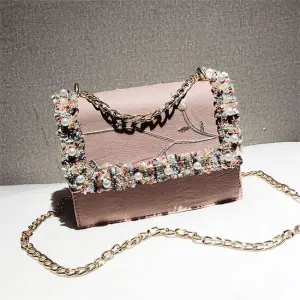 Women Fashion Imitation Pearl Color Blocking Crossbody Bag with Adjustable Strap
