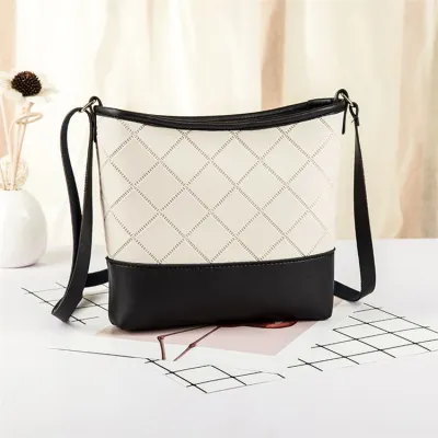 Women Simple Color Block Plaid Printed Zipper Crossbody Bag