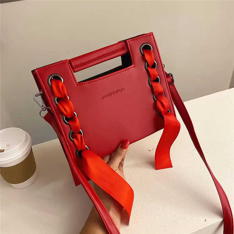 Women's Fashion Solid Color Lace Up PU Crossbody Bag