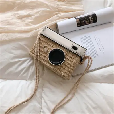 Women Fashion Woven Straw Camera Square Shape Crossbody Bag