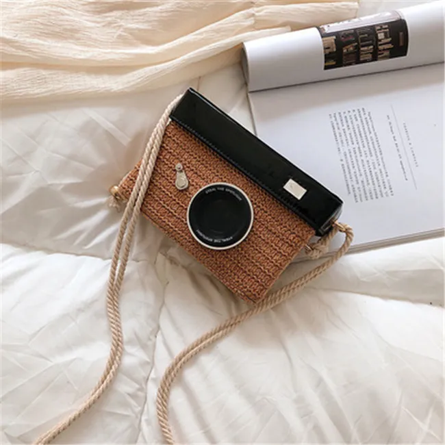 Women Fashion Woven Straw Camera Square Shape Crossbody Bag