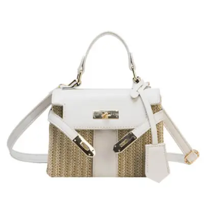 Women Fashion Color Blocking Straw Crossbody Bag with Metal Decorative Lock