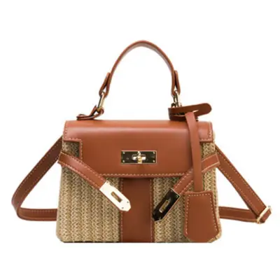 Women Fashion Color Blocking Straw Crossbody Bag with Metal Decorative Lock