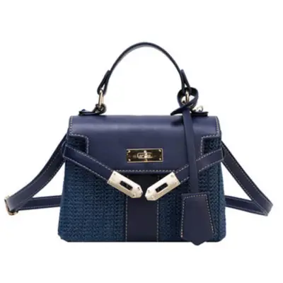 Women Fashion Color Blocking Straw Crossbody Bag with Metal Decorative Lock