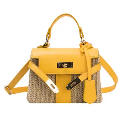 Women Fashion Color Blocking Straw Crossbody Bag with Metal Decorative Lock