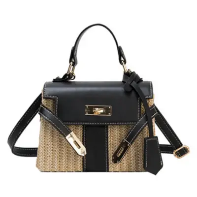 Women Fashion Color Blocking Straw Crossbody Bag with Metal Decorative Lock