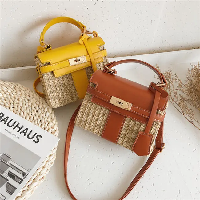 Women Fashion Color Blocking Straw Crossbody Bag with Metal Decorative Lock