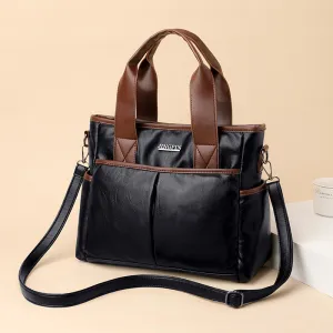 Women Retro Large Capacity Color Blocking Patchwork PU Leather Shoulder Tote Bag