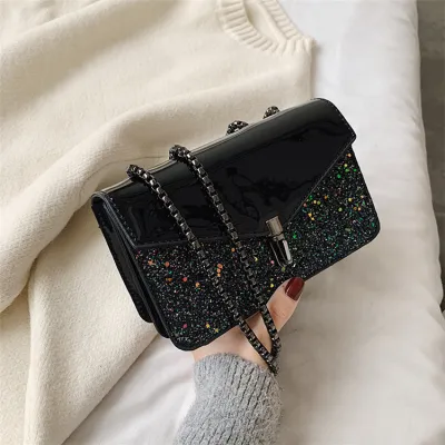 Women Fashion Patchwork Sequins Decorative Flap Crossbody Bag