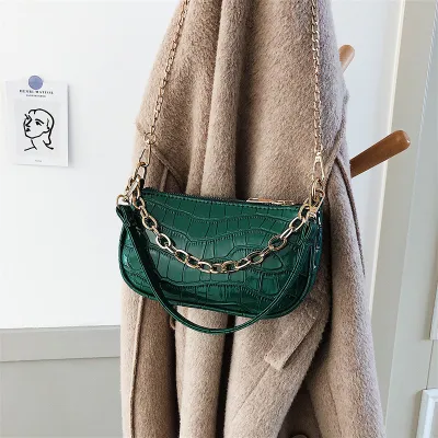 Women Fashion Solid Color Crocodile Pattern Metal Chain Shoulder Bag