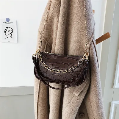 Women Fashion Solid Color Crocodile Pattern Metal Chain Shoulder Bag