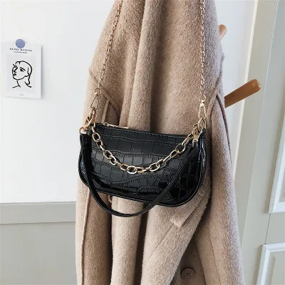 Women Fashion Solid Color Crocodile Pattern Metal Chain Shoulder Bag