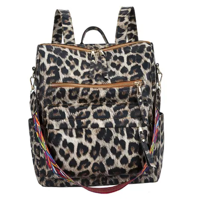 Women Fashion Leopard Print Multi-Pocket PU Leather Large Capacity Backpack