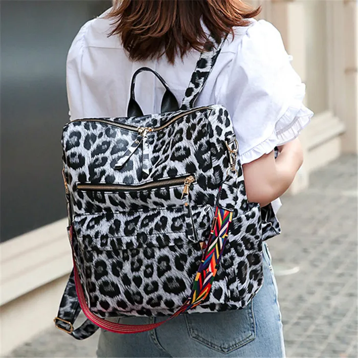 Women Fashion Leopard Print Multi-Pocket PU Leather Large Capacity Backpack