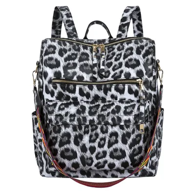 Women Fashion Leopard Print Multi-Pocket PU Leather Large Capacity Backpack