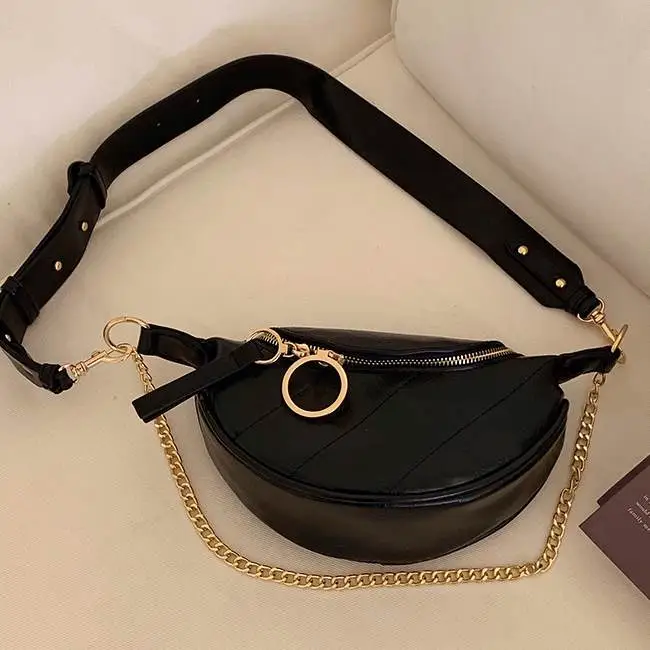Women Fashion Solid Color PU Metal Chain Decorative Fanny Pack Chest Bag