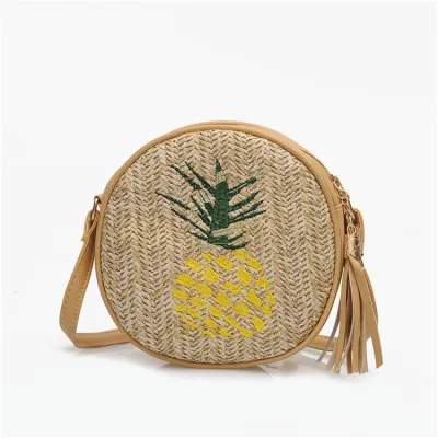 Women Casual Embroidery Round Crossbody Straw Bag