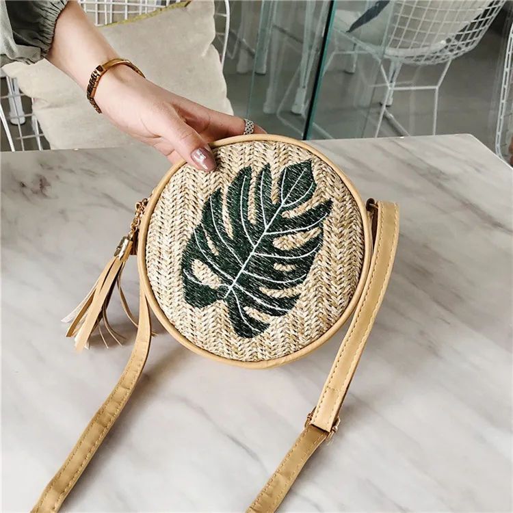 Women Casual Embroidery Round Crossbody Straw Bag