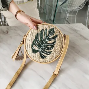 Women Casual Embroidery Round Crossbody Straw Bag