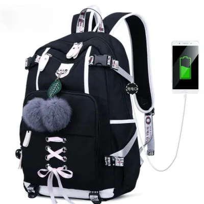 Women Fashion Pompon Decorative Lace Up Backpack Polyester Solid Color