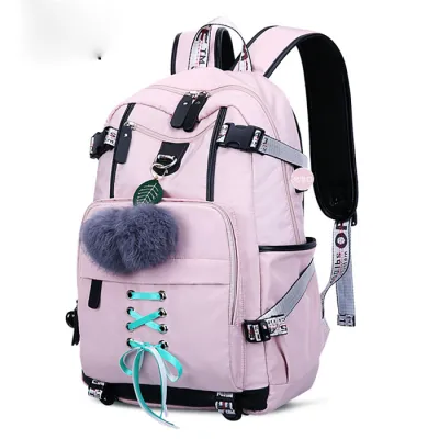 Women Fashion Pompon Decorative Lace Up Backpack Polyester Solid Color