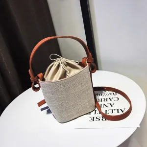Women Casual Woven Handle Bucket Handbag