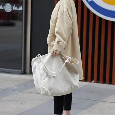 Women's Solid Color Large Capacity Canvas Shopping Bag with Double Handles