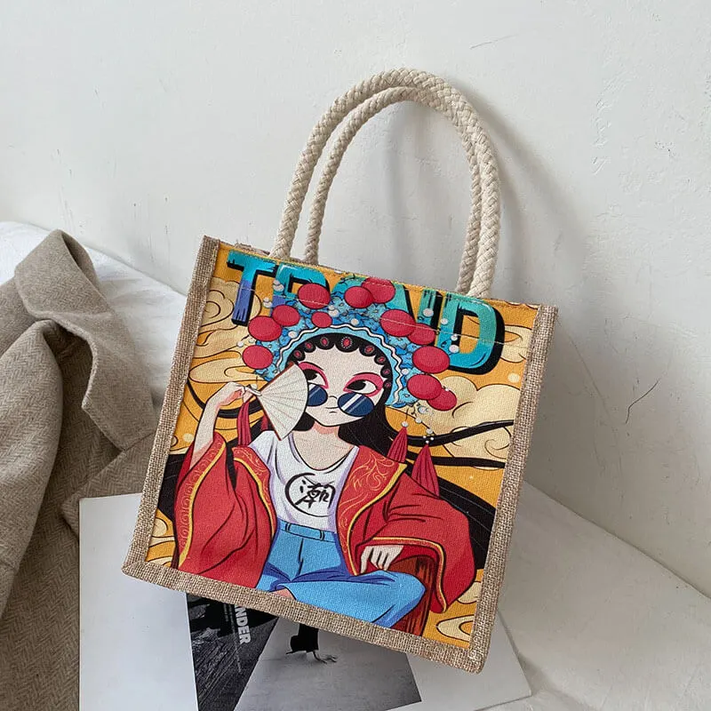Women Fashion Cartoon Printed Canvas Handle Bag Tote
