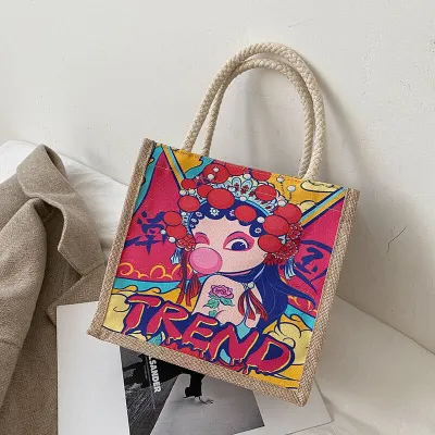 Women Fashion Cartoon Printed Canvas Handle Bag Tote