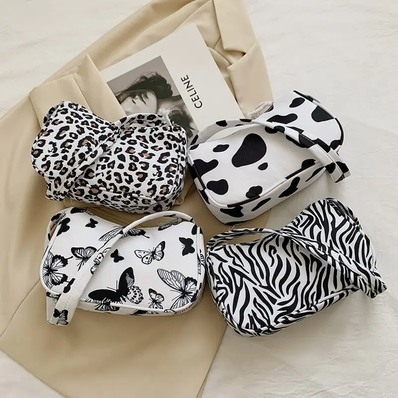 Women Street Fashion Canvas Shoulder Bag Animal Printed Medium Zipper