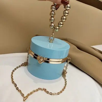 Women Simple Metal Decorative Cylindrical Acrylic Crossbody Bag