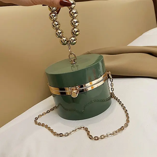 Women Simple Metal Decorative Cylindrical Acrylic Crossbody Bag