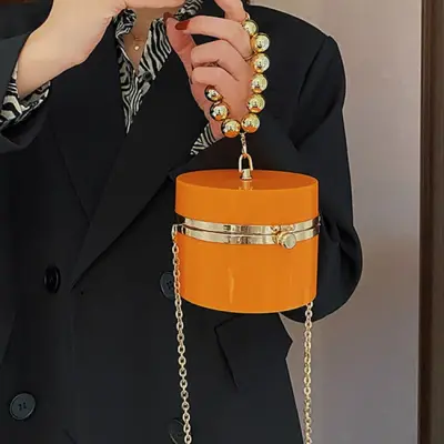 Women Simple Metal Decorative Cylindrical Acrylic Crossbody Bag