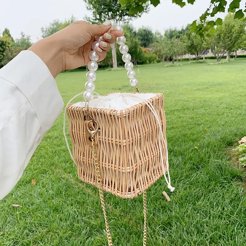 Women Fashion Imitation Pearl Handle Straw Crossbody Bag