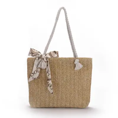 Women Casual Bow Decoration Large Capacity Straw Shoulder Bag