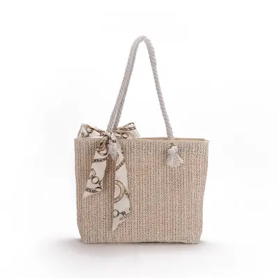 Women Casual Bow Decoration Large Capacity Straw Shoulder Bag