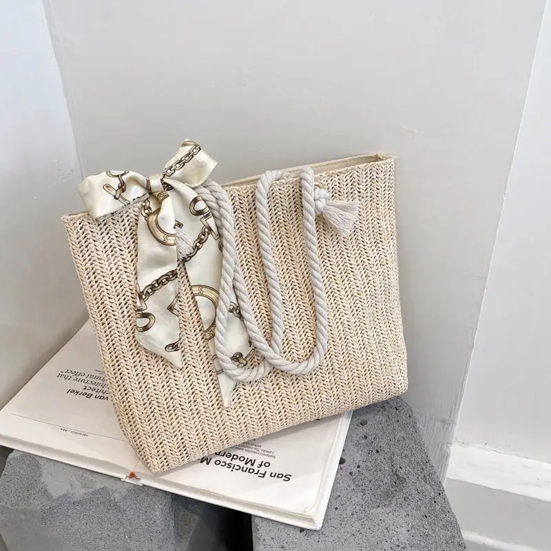 Women Casual Bow Decoration Large Capacity Straw Shoulder Bag