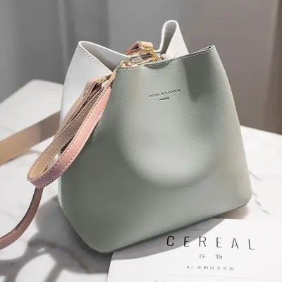 Women Fashion Color Blocking Patchwork PU Bucket Bag Handbags