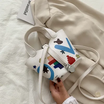 Women Fashion Cartoon Print PU Leather Crossbody Bags Mini Bucket Bag