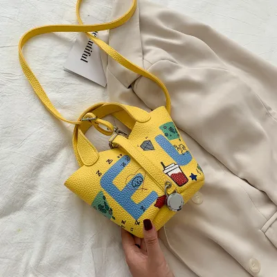 Women Fashion Cartoon Print PU Leather Crossbody Bags Mini Bucket Bag