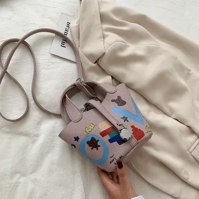 Women Fashion Cartoon Print PU Leather Crossbody Bags Mini Bucket Bag